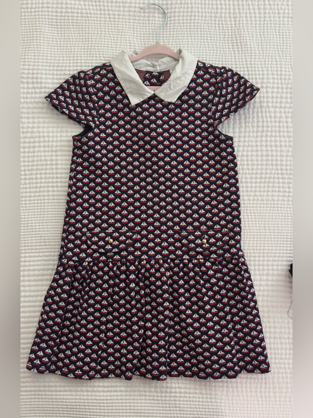 Janie and Jack Girls Navy Sailboat Print Dress with White Peter Pan Collar